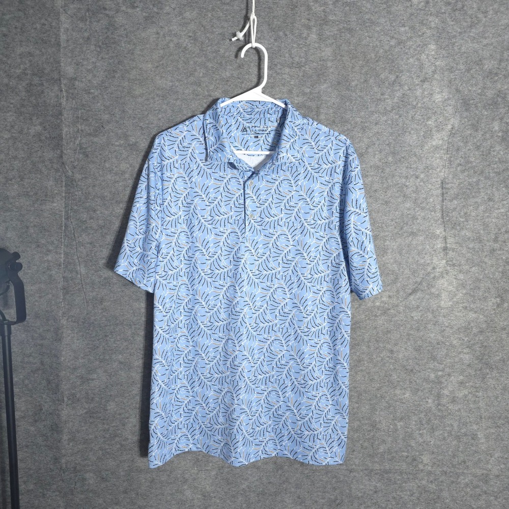 Bermuda Sands Polo Mens M Blue Leaf Print Performance Stretch Short Sleeve Top